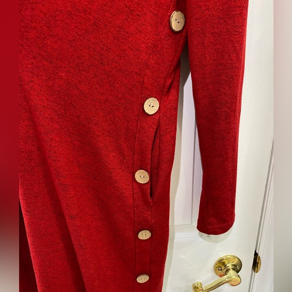Red Long Sleeve Dress with Button Detail - Picture 2 of 4